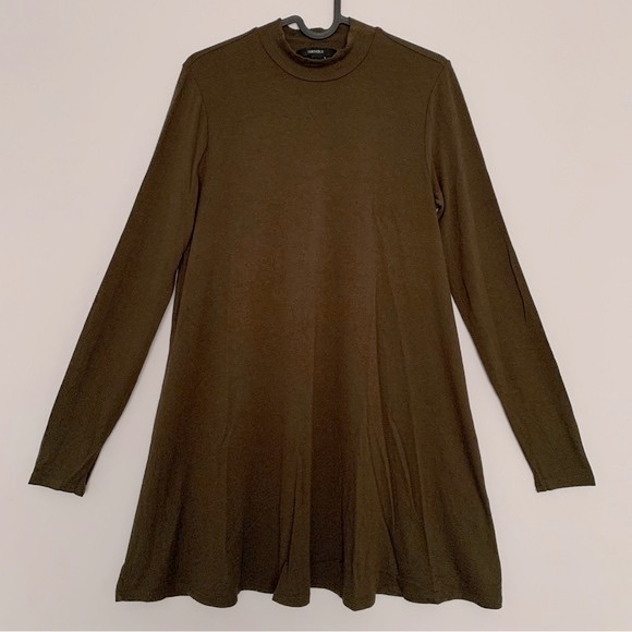 Fall Winter Casual Western Mock Neck Long Sleeve Flowy Dress in Forest Green (S) - Picture 3 of 5